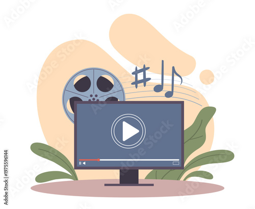 Music video. Track recording, digitization of images and sound, movie making, online media streaming, digital entertainment with multimedia music and film, vector cartoon isolated concept