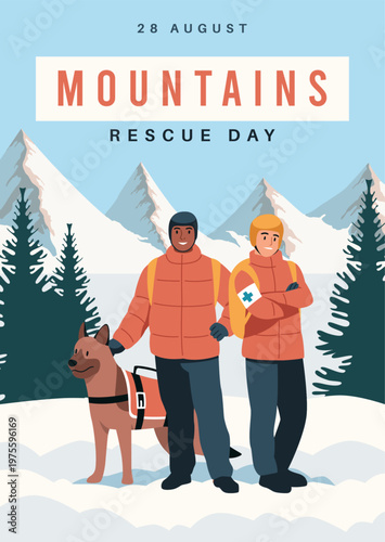 Mountain rescue day. Professional rescuers in gear with dog, avalanche risk, assistance to injured tourists and skiers, emergency response, holiday poster, tidy vector cartoon flat concept