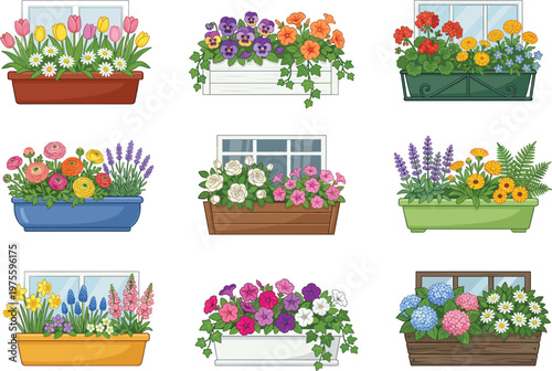 Window, box, flower, set, with, spring, floral, arrangements, in, various, planters, isolated, vector, illustration