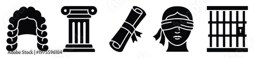 Collection of legal symbols presenting a judge wig, classical pillar, diploma scroll, blindfolded justice, and prison bars for representing law, order, and court concepts