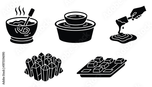 Melting and sweet treat preparation process icons including hot stirred mixture, double boiler, pouring liquid, sugar crystals, and confectionery mold for baking, candy making, and dessert