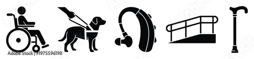 Accessibility icons featuring wheelchair user service dog hearing aid ramp and cane symbolizing inclusive design for public spaces