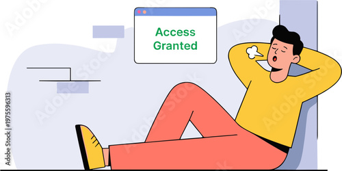 Man relaxing on floor with phone and access granted on screen