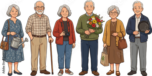 Happy, elderly, people, set, with, senior, characters, engaged, in, various, hobbies, isolated, vector, illustration