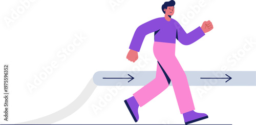 A person runs quickly along a winding road with arrows.