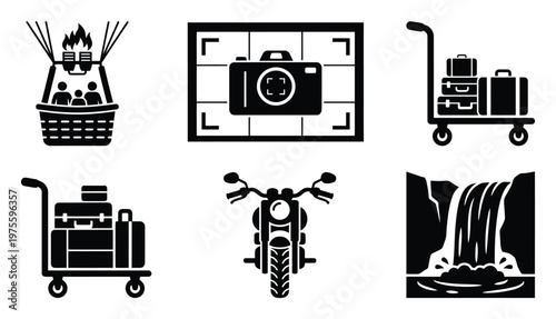 Travel adventure icons featuring hot air balloon, camera, baggage, motorcycle, and waterfall, perfect for tourism, vacation, and journey themed graphic design applications