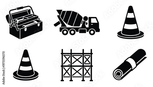 Essential collection of construction and repair tools and equipment icons for building maintenance and engineering project visual assets and applications
