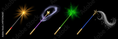 Magic effects 3d. Magic wands of various designs with sparks effect, glowing trajectories, fantasy spells and mystical power tool for witch and wizard vector realistic isolated render set
