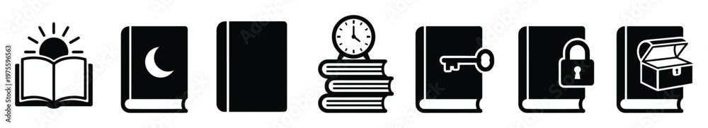 Fototapeta premium Collection of bookthemed black and white icons symbolizing knowledge, learning, secrets, time, and discovery, perfect for educational materials, literary blogs, and publishing concepts.