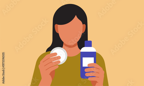 A young woman applies toner to her face with a cotton pad and serum. Clean, modern skincare routine illustration. Focus on skin texture.