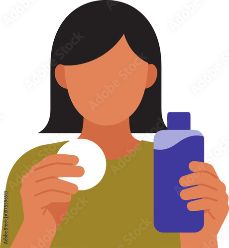 A young woman applies toner to her face with a cotton pad and bottle. Clean, modern illustration showcasing a skincare routine. Soft, pastel colors.