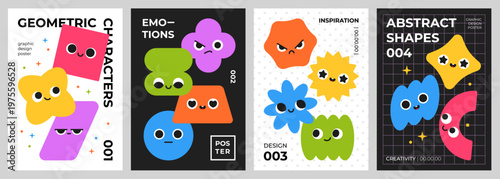 Funny geometric characters cards. Abstract simple shapes design, cute mascots with smiling faces, bright different forms, playful design templates, creative poster or print classy vector set
