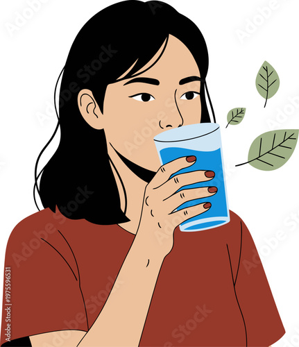 A young Asian woman enjoys a collagen beauty drink, radiating wellness. Clean, modern illustration with a focus on health and beauty. Bright, refreshing aesthetic.