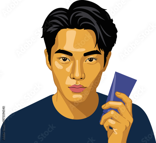 A young Asian man applies moisturizer, showcasing a simple daily skincare routine. Clean, modern aesthetic. Ideal for men's grooming content.