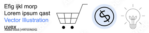 E-commerce, innovation, online shopping, financial transactions, entrepreneurship, digital marketing. Shopping cart, dollar symbol and light bulb icons. E-commerce and innovation concepts
