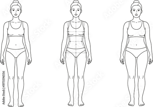 Female, body, proportions, set, with, CAD, drawing, flat, vector, illustration, for, fashion, design, and, pattern, making