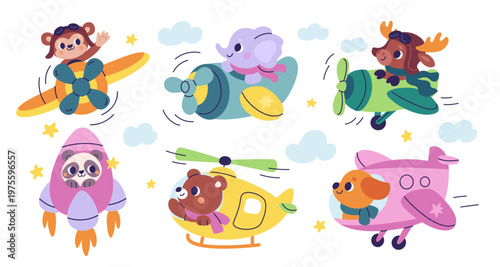 Funny animals in toy air transport. Cute elephant, monkey, moose and panda fly with helicopter, rocket adventure, planes, fauna characters aviation travel garish vector cartoon isolated set