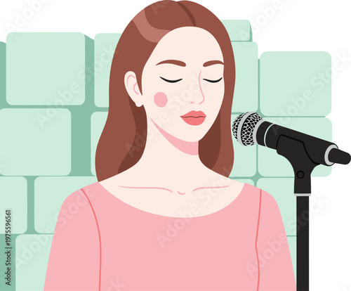 A beautiful woman sings into a microphone in a soundproof recording studio. Soft lighting and a focused expression create a professional and inviting atmosphere.