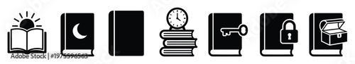 Collection of bookthemed black and white icons symbolizing knowledge, learning, secrets, time, and discovery, perfect for educational materials, literary blogs, and publishing concepts.