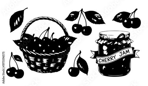 Cherry basket and jar watercolor illustration organic fruit summer vector set