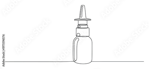 Continuous line drawing of a nasal spray bottle representing medical solutions for allergies, colds, or personal health product promotion.