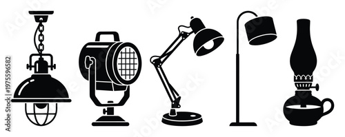Collection of various lighting fixtures showcasing different lamp styles including industrial pendant, adjustable desk, floor standing, vintage oil, and powerful spotlight icons for