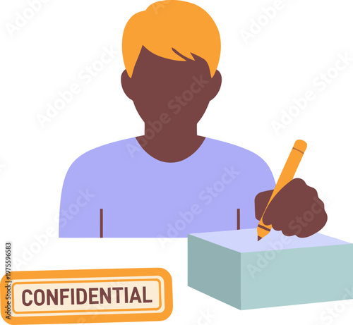 A young Black man signs a confidential NDA contract. Modern illustration with a 'Confidential' badge. Clean, professional design.