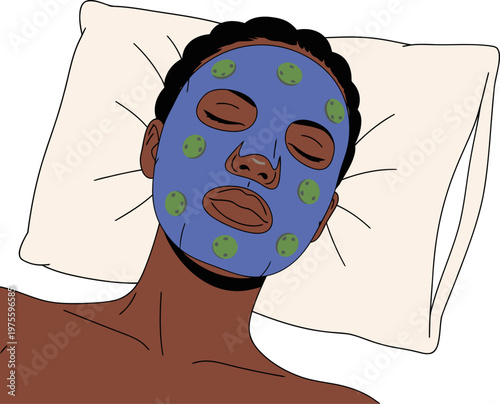 A young Black man relaxes with a collagen moisture face mask, enjoying a soothing skincare routine. Soft lighting and a comfortable setting.