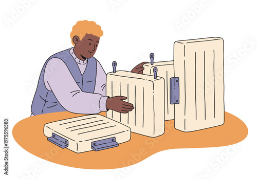 A young Black man meticulously adjusts sound traps in a producer studio. Focused and professional, he works with audio equipment. Bright studio setting.