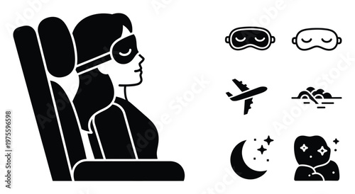 Woman sleeping comfortably in an airplane seat with an eye mask, perfect for illustrating concepts of longhaul travel, jet lag relief, and peaceful rest during flights for various