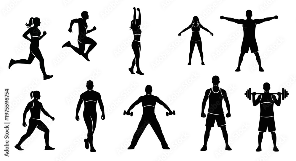 Fototapeta premium Silhouette illustration showcasing a diverse group of people in various health and wellness activities, including running and weightlifting, set against a clean white background
