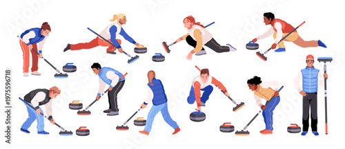 Curling players. Professional athletes, ice sheet, people pushing granite stones, sliding rocks, sweeping brooms, brushes, teamwork winter sport competition tidy vector cartoon isolated set