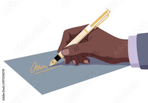 A diverse hand signs a document with a pen. Clean, modern illustration. Perfect for business and legal themes.