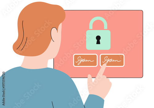 A young woman digitally signs a contract on a laptop, showcasing secure verification. Modern, clean design with a lock icon. Professional and trustworthy.