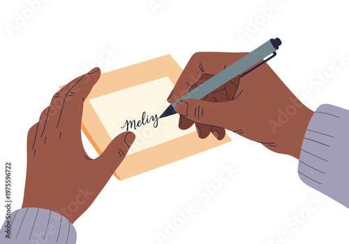 A diverse hand writes a heartfelt message on a gift card. Warm colors and a modern style create a welcoming, personal feel. Perfect for greeting cards and stationery.