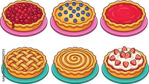 Pie, and, tart, collection, with, cherry, blueberry, strawberry, and, lattice, crust, isolated, vector, illustration, set