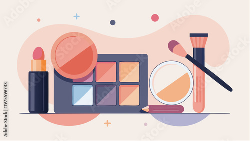 Permanent cheek blush makeup set with cosmetics products including lipstick palette brush and powder illustrating beauty routine and facial enhancement concept