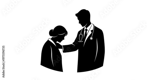 A black silhouette vector illustration shows a doctor offering support to a nurse, against a clean white background, symbolizing World Health Day with a caring gesture of wellness