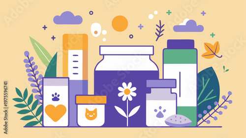 Dog calming supplement concept with natural pet care products and herbal remedies illustrating relaxation support and stress relief for animals