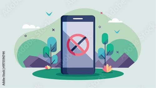 Smartphone with blocked symbol representing digital detox and mindfulness concept in nature setting with balance between technology and wellbeing