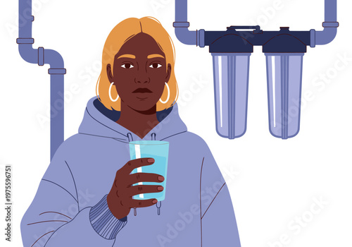 A young woman drinks filtered rainwater, showcasing a sustainable lifestyle. Modern pipes and a clean aesthetic highlight a focus on clean water and environmental responsibility.