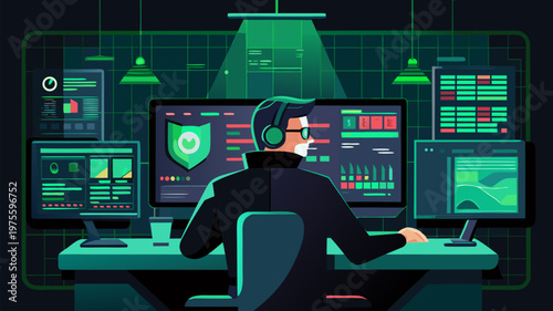 Artificial intelligence workspace with developer monitoring data on multiple screens illustrating cybersecurity analytics machine learning and advanced technology systems