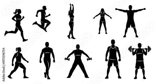 Silhouette illustration showcasing a diverse group of people in various health and wellness activities, including running and weightlifting, set against a clean white background