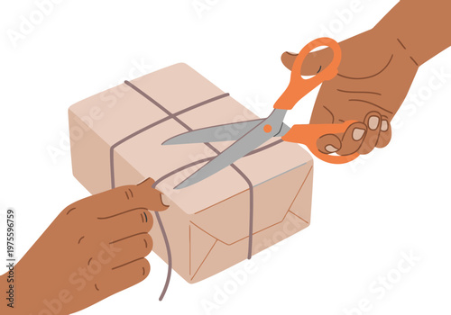 A diverse pair cuts open a gift box with scissors. A warm, inviting scene showcasing the joy of gifting. Clear, bright, and commercially viable.