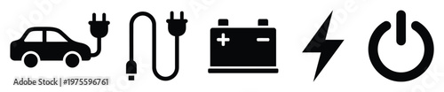 Comprehensive set of black vector icons depicting electric car charging, vehicle battery, and power symbols, ideal for modern digital interfaces, applications, and informational