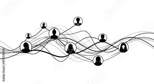 Minimalist vector illustration showing a network of connected people icons in black silhouette, linked by flowing lines against a clean white background, conveying a sense of global health