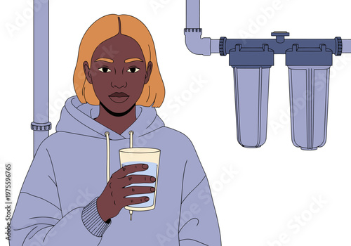 A young woman drinks filtered rainwater, showcasing a sustainable lifestyle. Clean lines and modern design highlight the filtered water and a refreshing drink.  Bright, optimistic.