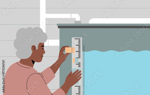 An elderly woman checks the water level in a rainwater harvesting tank. Clear, informative illustration showcasing sustainable water management. Modern, clean design.
