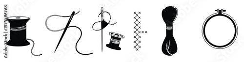 Playful composition of craft accessories like spools, needles, and a hoop thoughtfully spelling out HELLO, ideal for hobby website graphics or sewing workshop advertisements.
