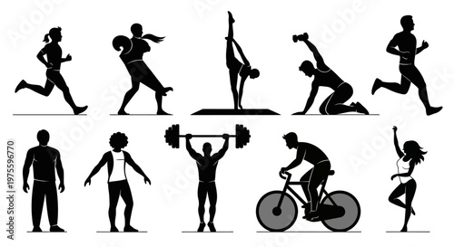 Black silhouette vector art illustrating various health and wellness activities, including running, weightlifting, yoga, and cycling, presented against a clean white background to promote
